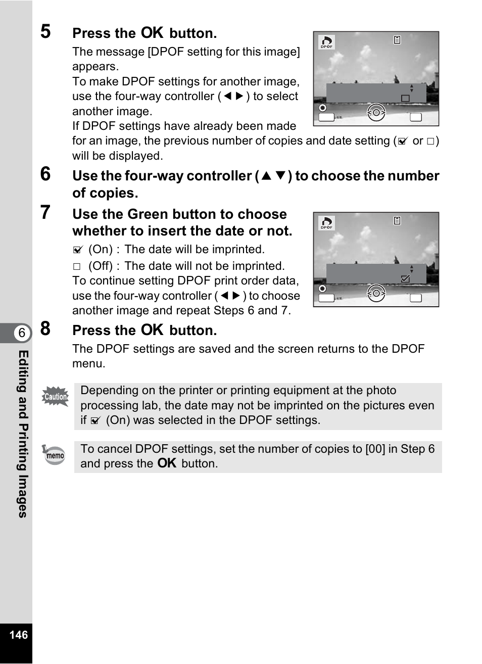 Press the 4 button, 6editin g an d printi ng im age s | Pentax Optio W10 User Manual | Page 148 / 208