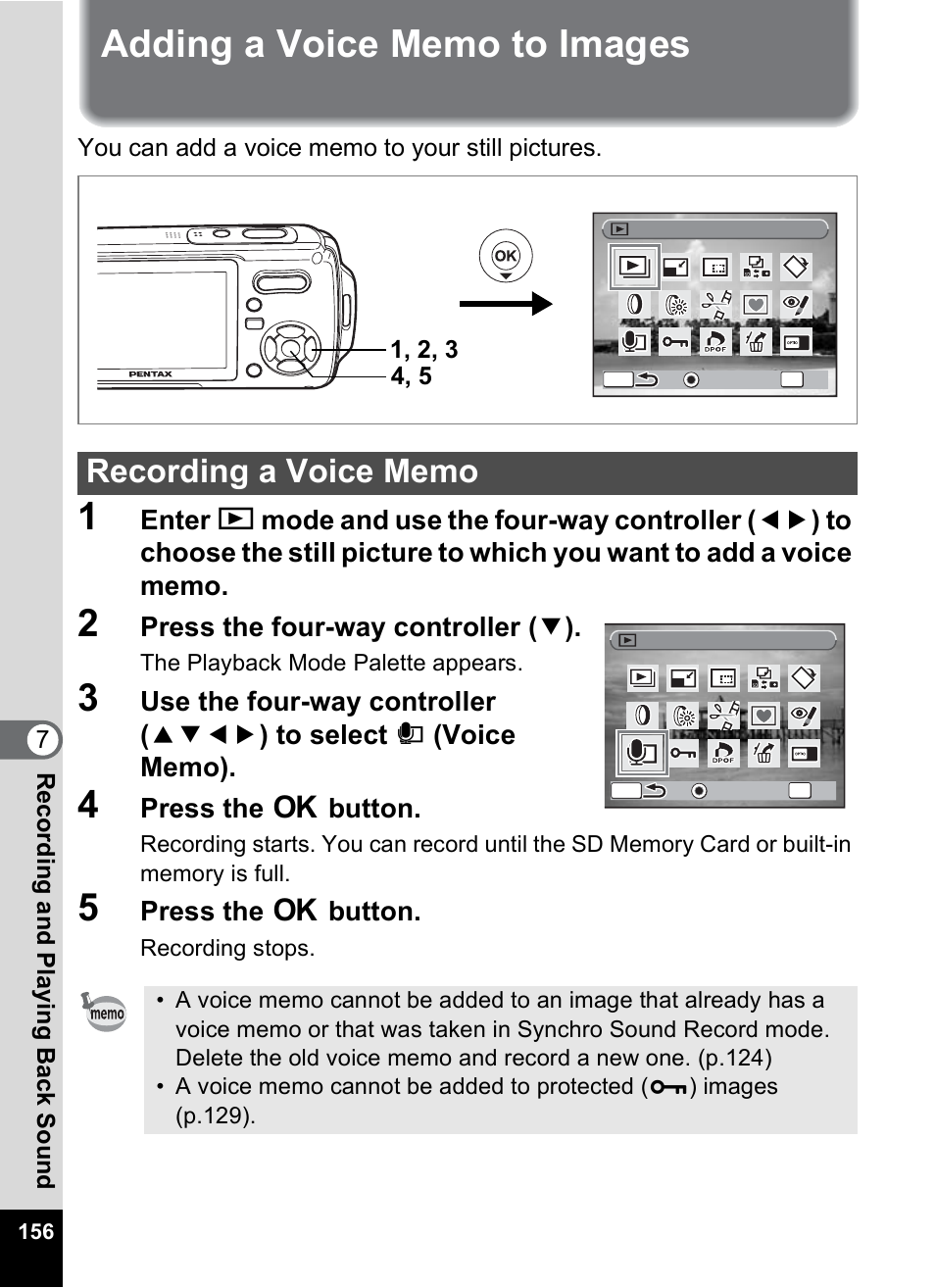 Adding a voice memo to images, Recording a voice memo, P.156 | Press the four-way controller ( 3 ), Press the 4 button | Pentax Optio W10 User Manual | Page 158 / 208