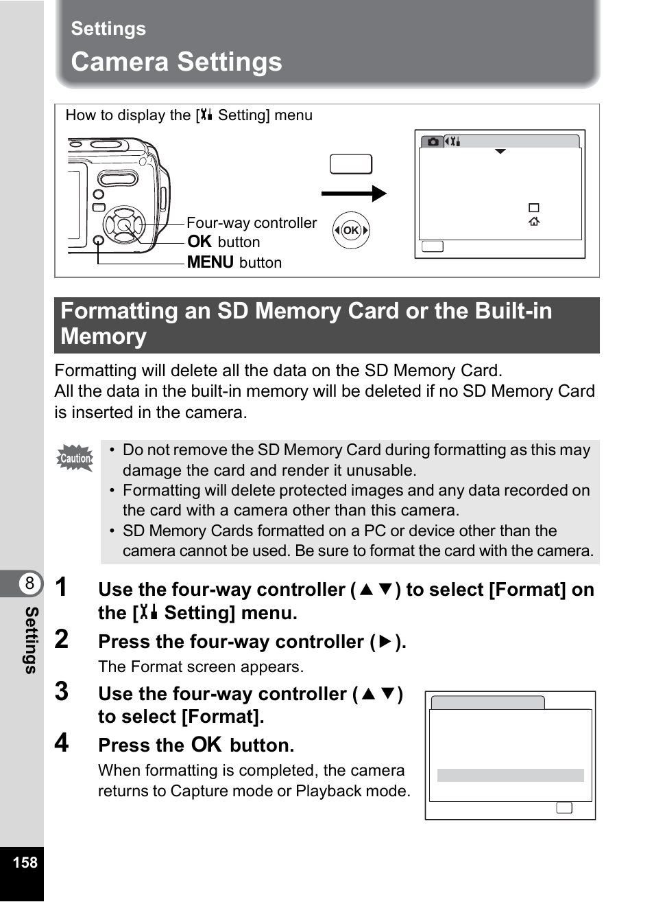 Settings, Camera settings, P.158 | Press the four-way controller ( 5 ), Press the 4 button | Pentax Optio W10 User Manual | Page 160 / 208