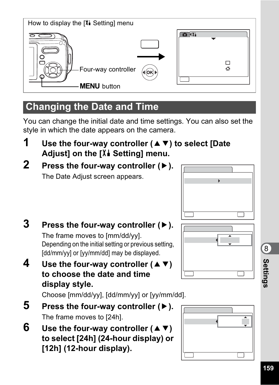 Changing the date and time, In “changing the date, And time” (1p.159) | In “changing the date and, Time” (p.159), P.159, Press the four-way controller ( 5 ) | Pentax Optio W10 User Manual | Page 161 / 208