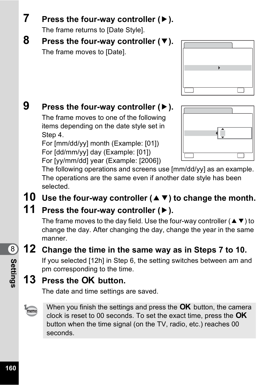 Press the four-way controller ( 5 ), Press the four-way controller ( 3 ), Press the 4 button | Pentax Optio W10 User Manual | Page 162 / 208