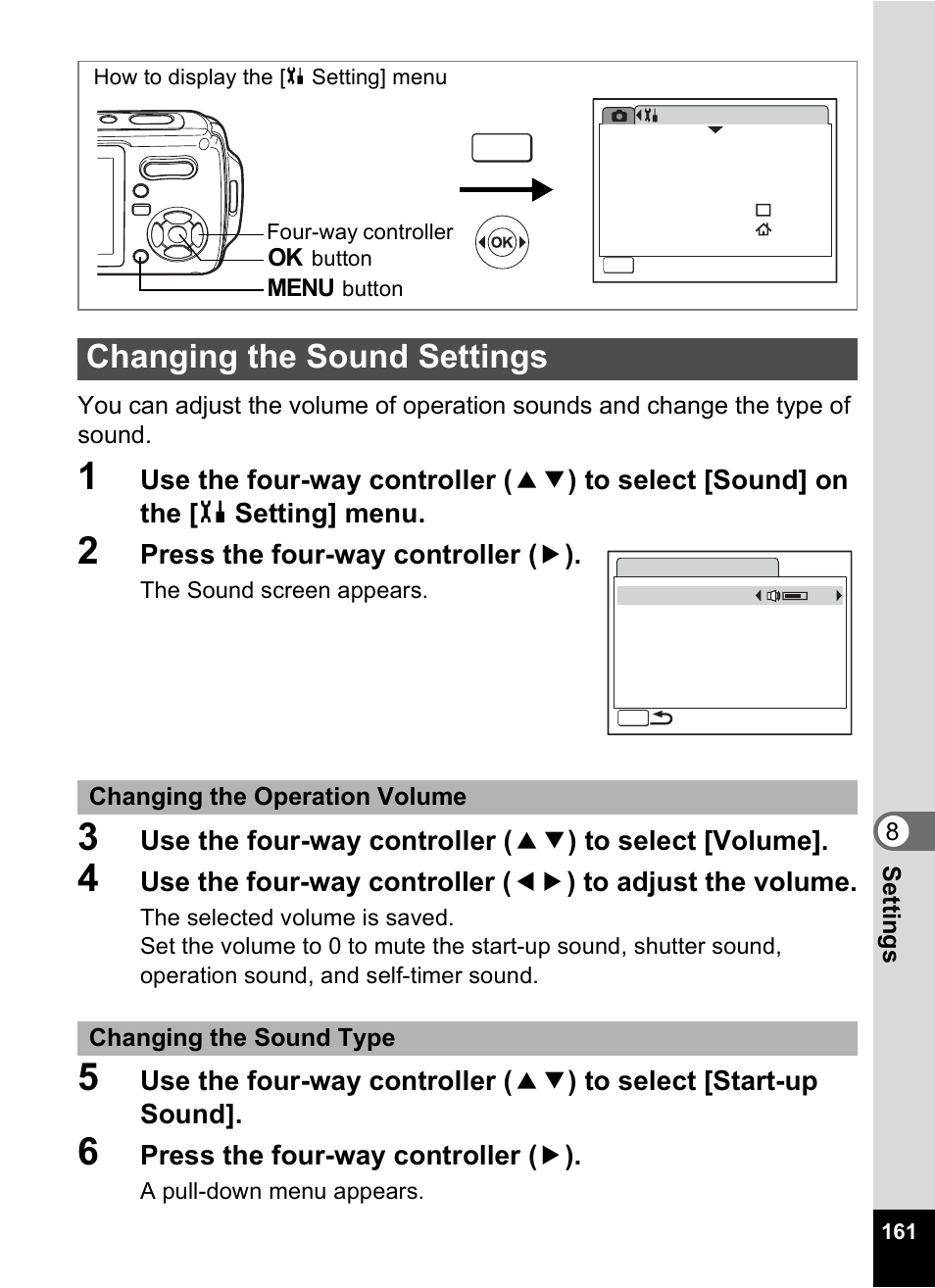 Changing the sound settings, P.161, Press the four-way controller ( 5 ) | Pentax Optio W10 User Manual | Page 163 / 208