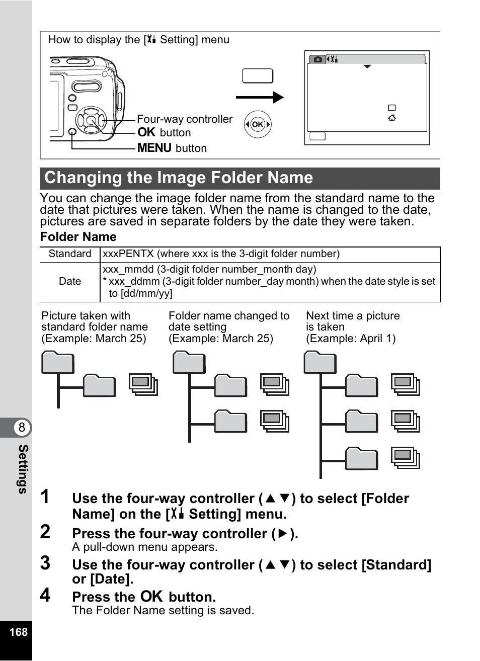 Changing the image folder name, P.168), P.168 | Press the four-way controller ( 5 ), Press the 4 button | Pentax Optio W10 User Manual | Page 170 / 208