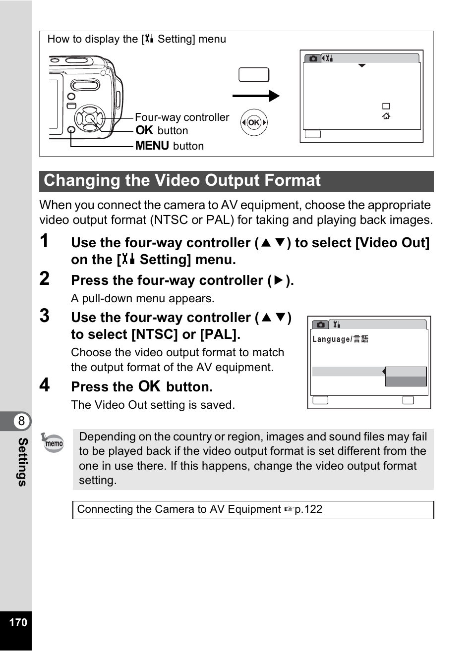 Changing the video output format, P.170), P.170 | Press the four-way controller ( 5 ), Press the 4 button | Pentax Optio W10 User Manual | Page 172 / 208