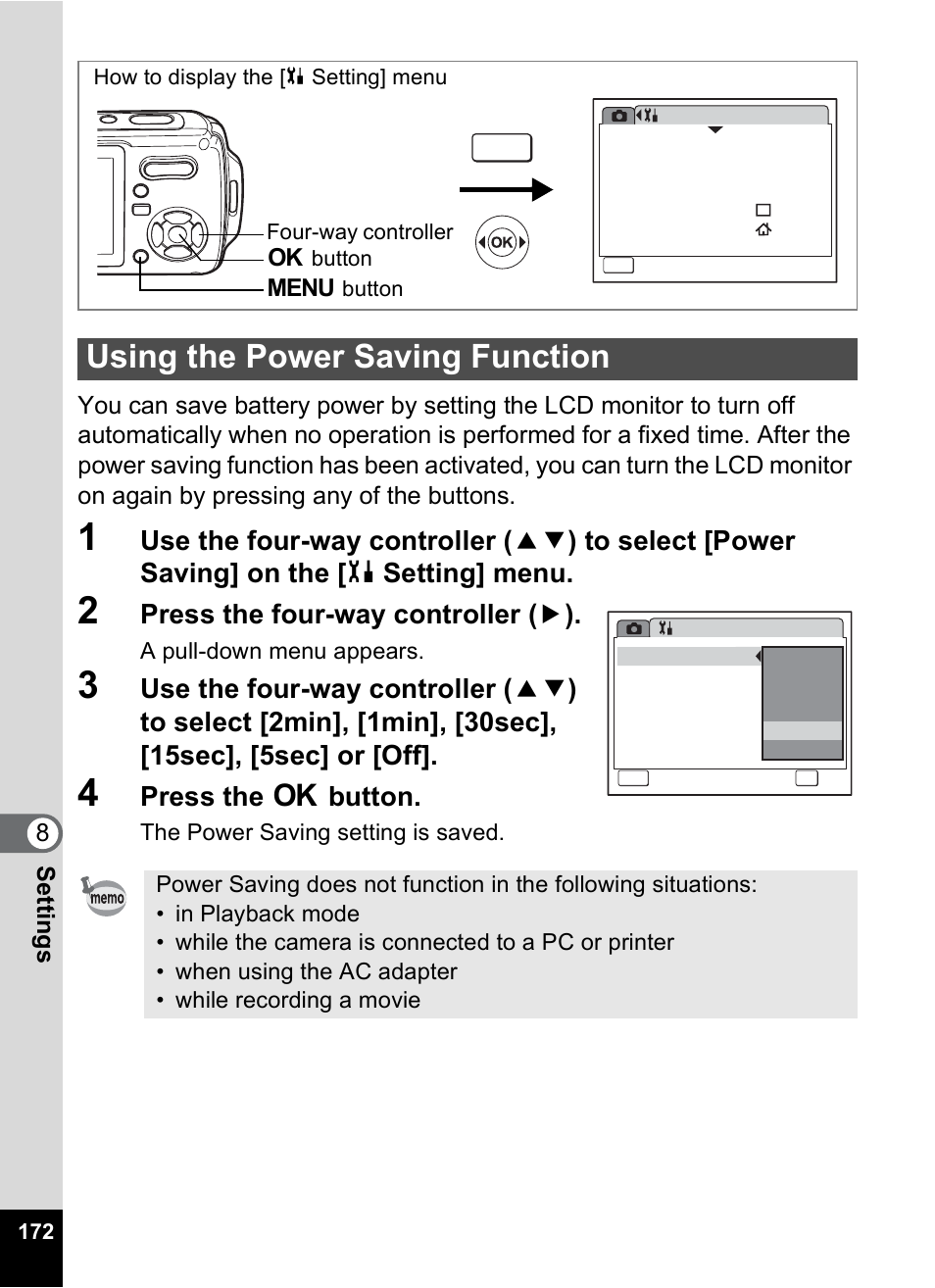 Using the power saving function, P.172, Press the four-way controller ( 5 ) | Press the 4 button | Pentax Optio W10 User Manual | Page 174 / 208