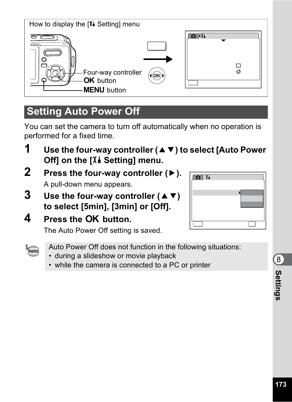 Setting auto power off, P.173, Press the four-way controller ( 5 ) | Press the 4 button | Pentax Optio W10 User Manual | Page 175 / 208