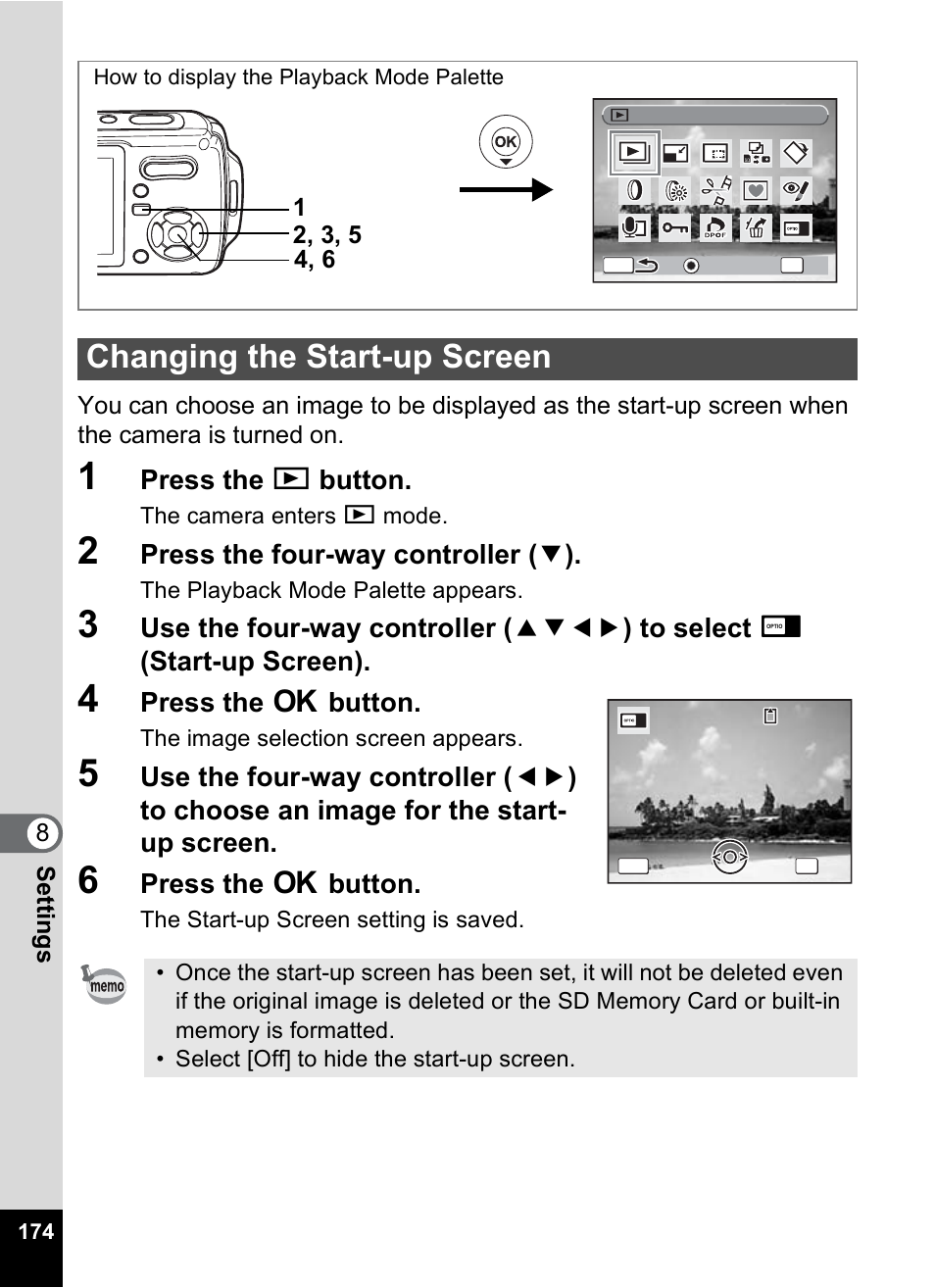 Changing the start-up screen, P.174, Press the q button | Press the four-way controller ( 3 ), Press the 4 button | Pentax Optio W10 User Manual | Page 176 / 208