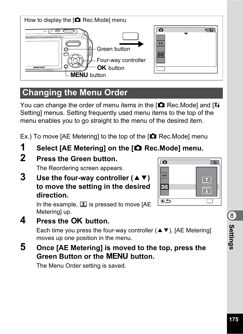 Changing the menu order, P.175), Select [ae metering] on the [ a rec.mode] menu | Press the green button, Press the 4 button | Pentax Optio W10 User Manual | Page 177 / 208