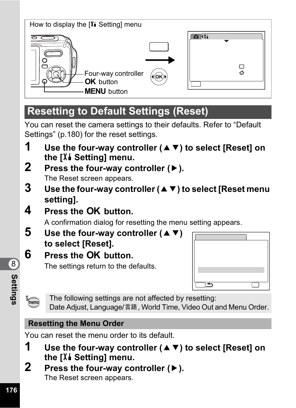 Resetting to default settings (reset), P.176 | Pentax Optio W10 User Manual | Page 178 / 208