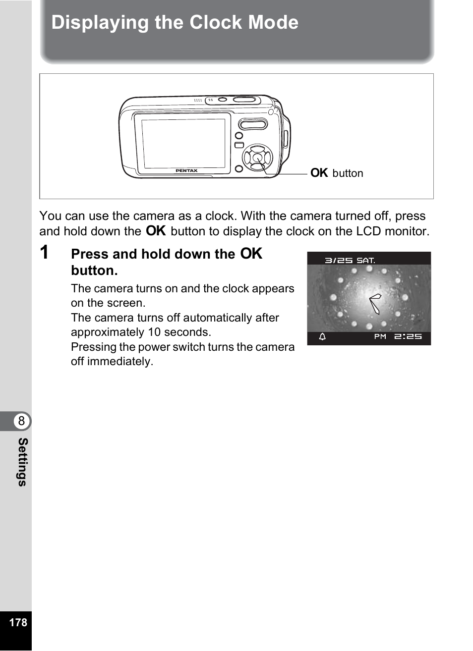 Displaying the clock mode, P.178 | Pentax Optio W10 User Manual | Page 180 / 208