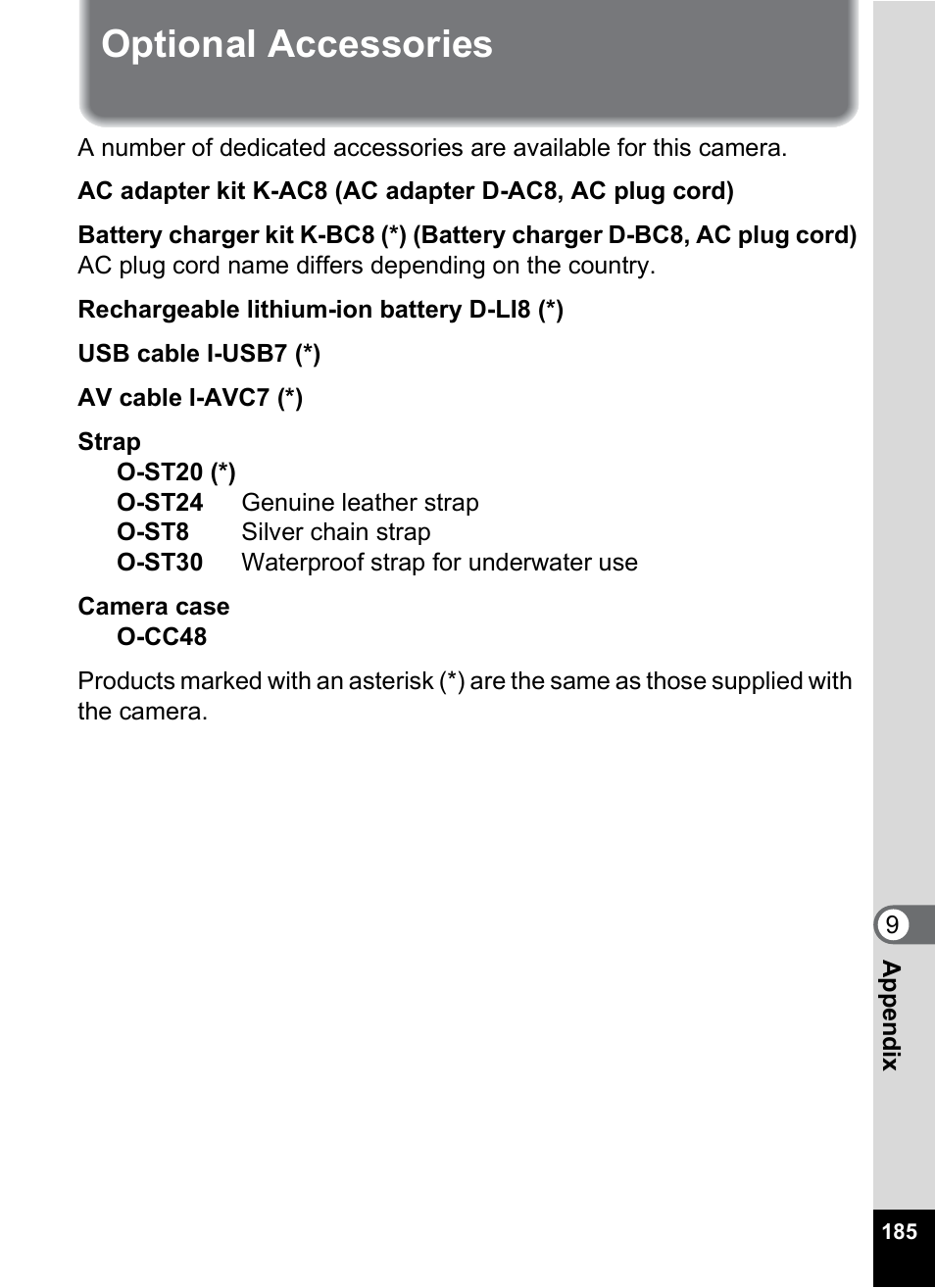 Optional accessories | Pentax Optio W10 User Manual | Page 187 / 208