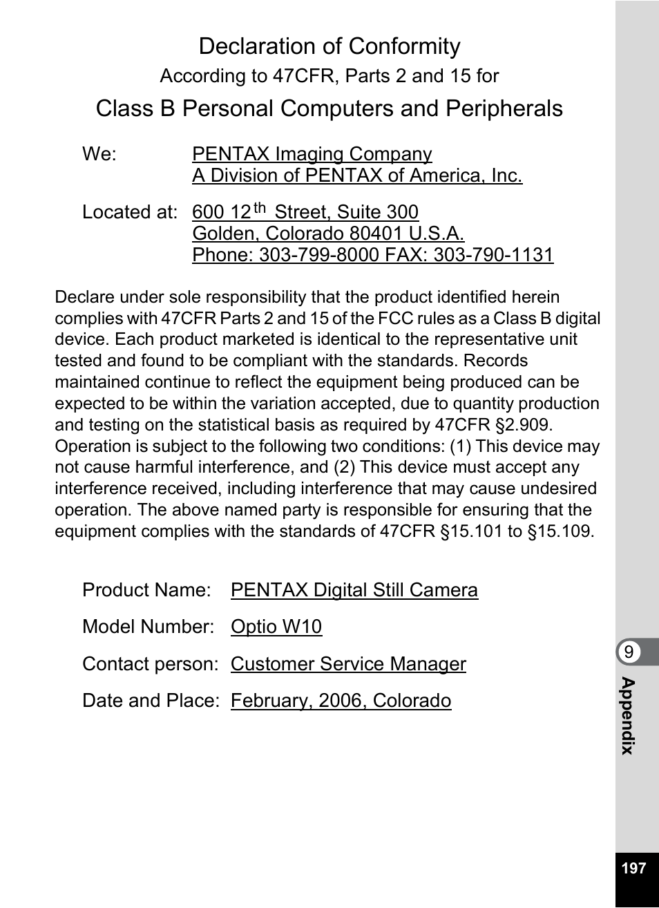 Declaration of conformity, Class b personal computers and peripherals | Pentax Optio W10 User Manual | Page 199 / 208