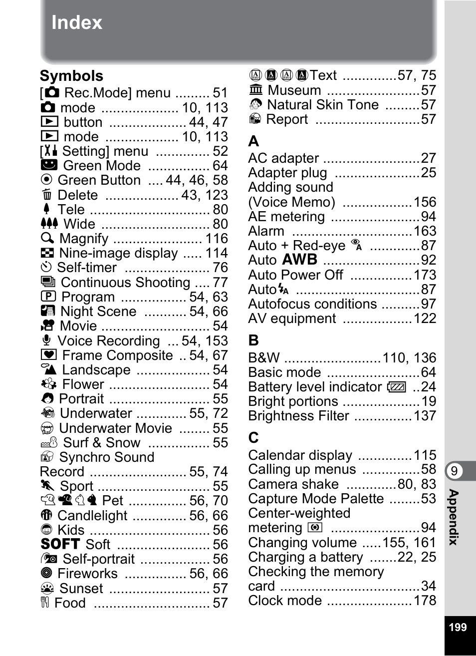 Index | Pentax Optio W10 User Manual | Page 201 / 208