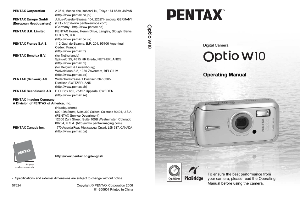 Operating manual, Digital camera | Pentax Optio W10 User Manual | Page 208 / 208