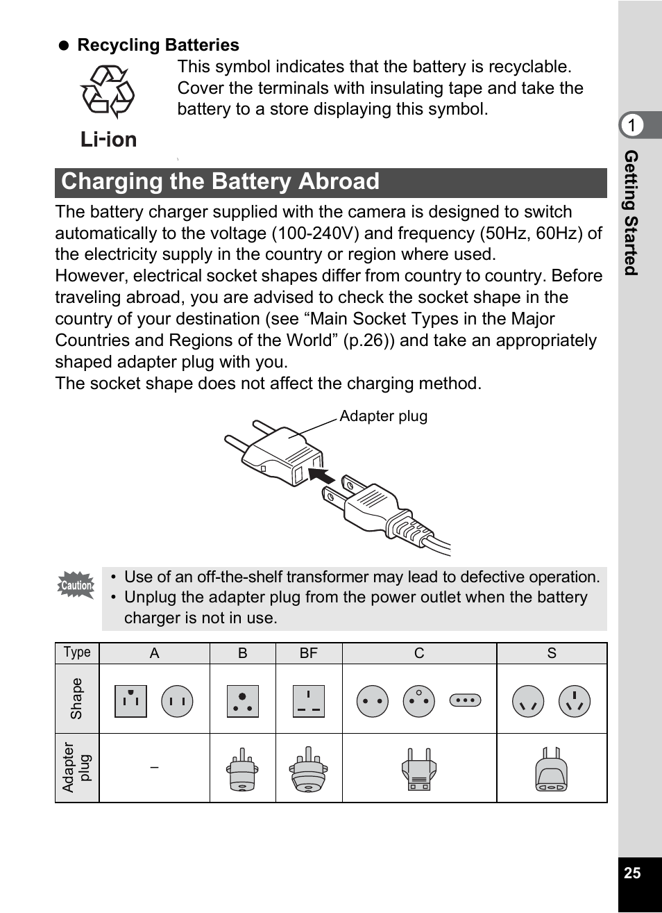 Charging the battery abroad | Pentax Optio W10 User Manual | Page 27 / 208