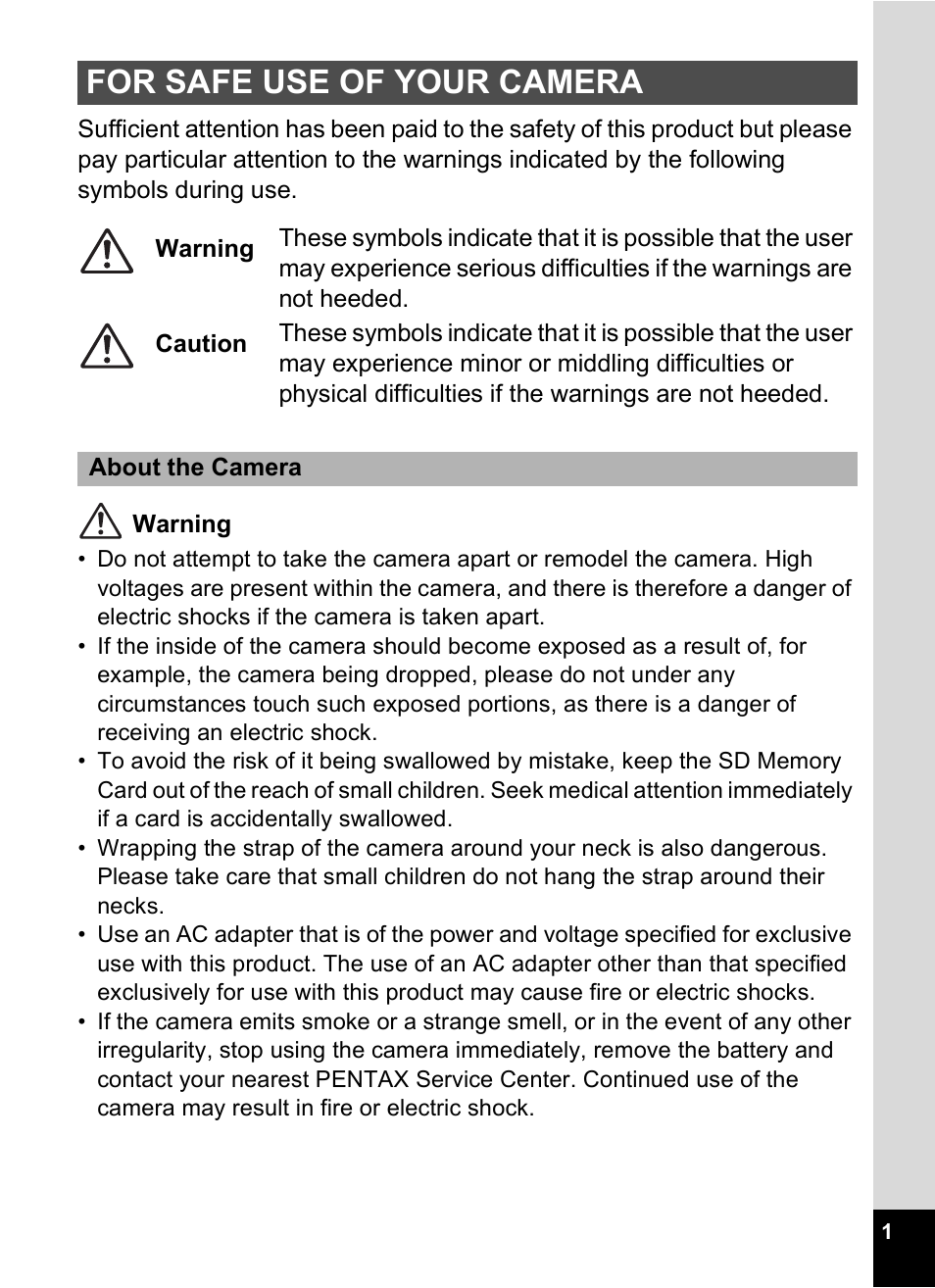 For safe use of your camera | Pentax Optio W10 User Manual | Page 3 / 208