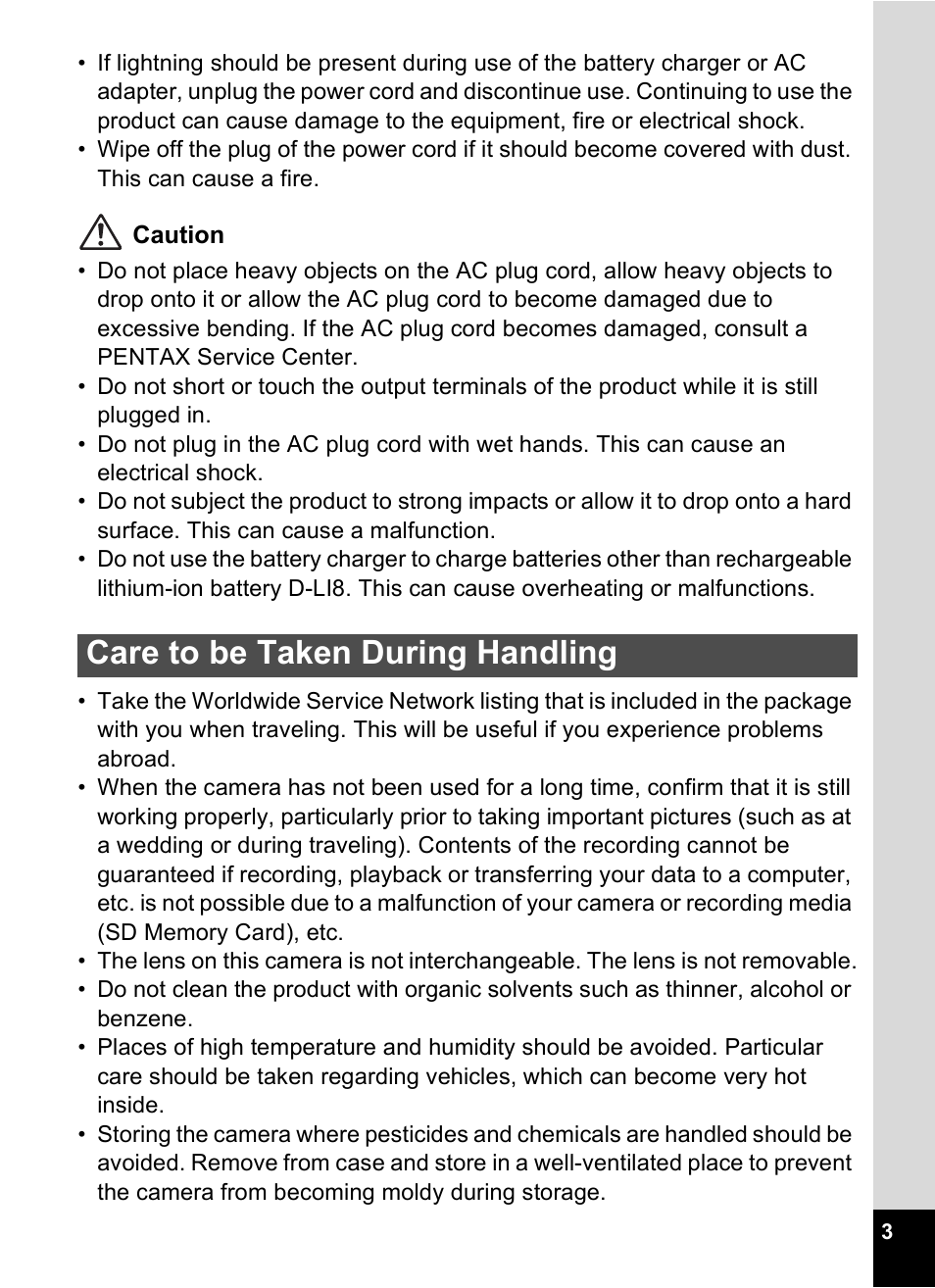 Care to be taken during handling | Pentax Optio W10 User Manual | Page 5 / 208