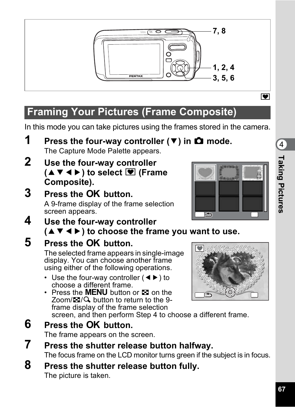 Framing your pictures (frame composite), P.67) | Pentax Optio W10 User Manual | Page 69 / 208