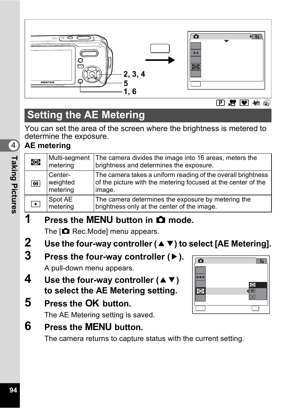 Setting the ae metering, P.94), P.94 | Press the 3 button in a mode, Press the four-way controller ( 5 ), Press the 4 button, Press the 3 button | Pentax Optio W10 User Manual | Page 96 / 208