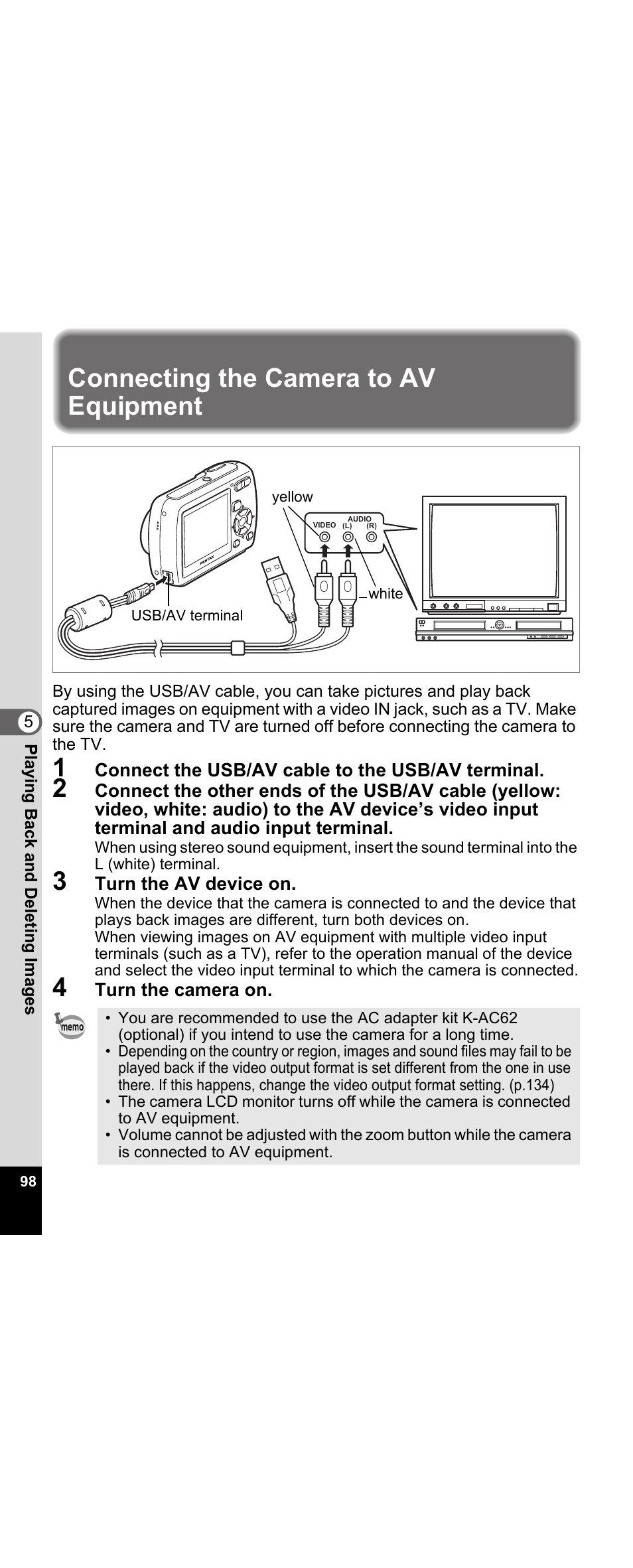 Connecting the camera to av equipment | Pentax Optio E30 User Manual | Page 100 / 161