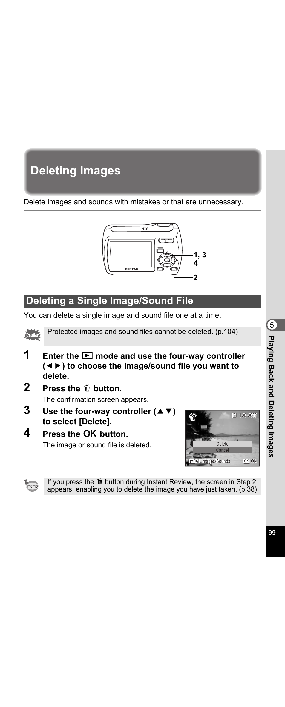 Deleting images, Deleting a single image/sound file, N. (p.99) | Pentax Optio E30 User Manual | Page 101 / 161