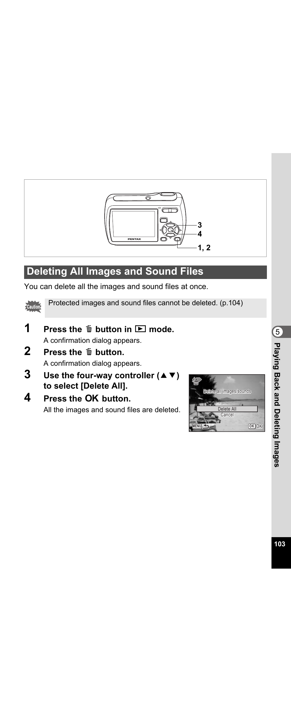 Deleting all images and sound files | Pentax Optio E30 User Manual | Page 105 / 161