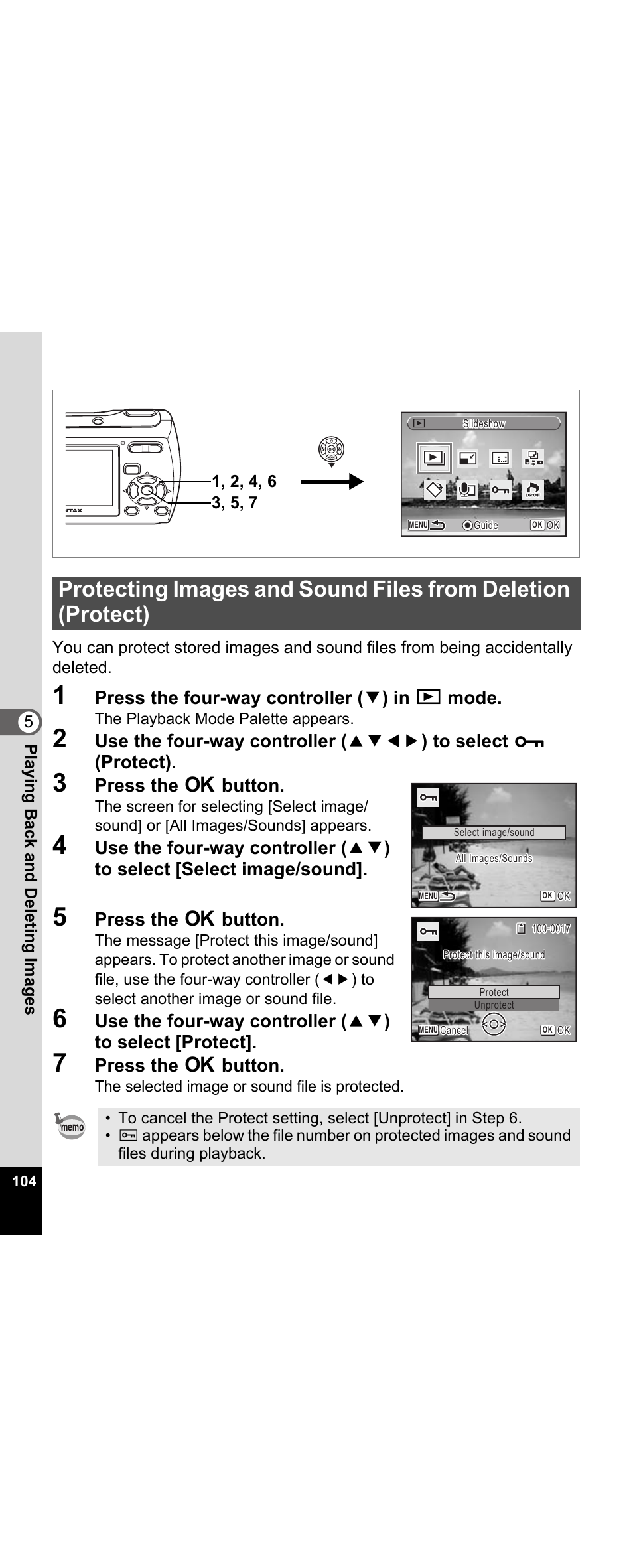 Protect icon (p.104, P.104, Press the four-way controller ( 3 ) in q mode | Press the 4 button | Pentax Optio E30 User Manual | Page 106 / 161