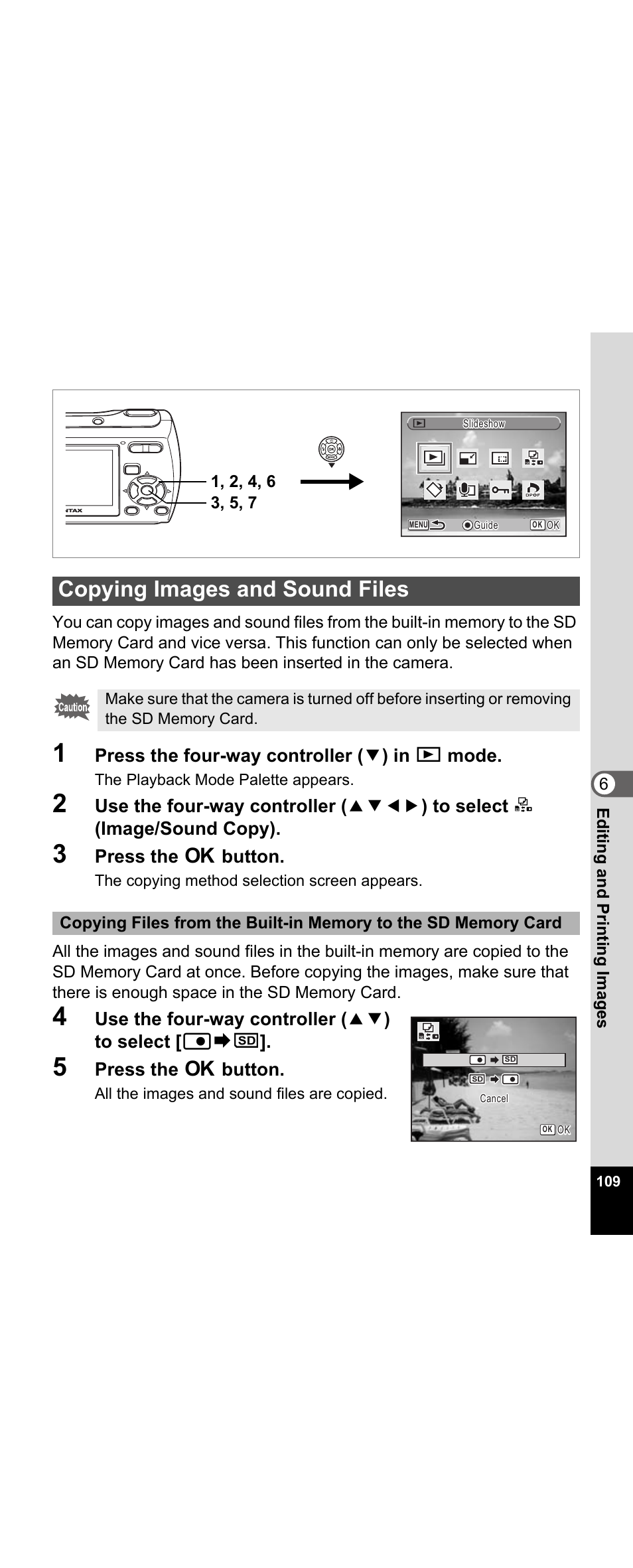 Copying images and sound files, P.109, Press the four-way controller ( 3 ) in q mode | Press the 4 button, Use the four-way controller ( 23 ) to select [ f | Pentax Optio E30 User Manual | Page 111 / 161