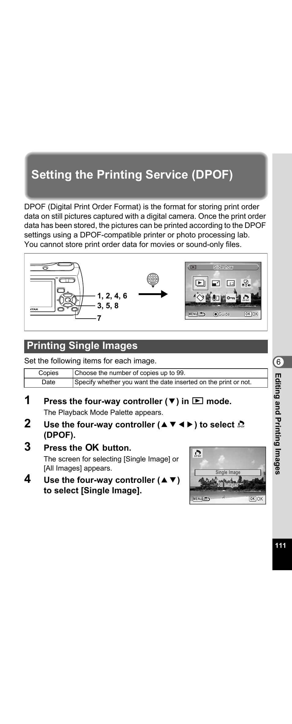 Setting the printing service (dpof), Printing single images, P.111 | Press the four-way controller ( 3 ) in q mode, Press the 4 button | Pentax Optio E30 User Manual | Page 113 / 161