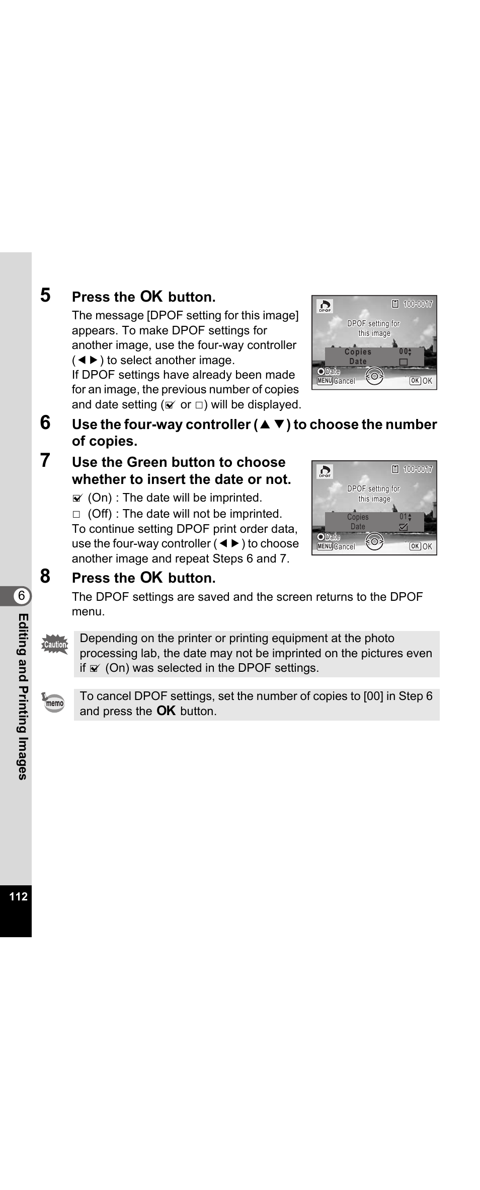 Press the 4 button, 6edi tin g an d pri n ti ng ima g es | Pentax Optio E30 User Manual | Page 114 / 161