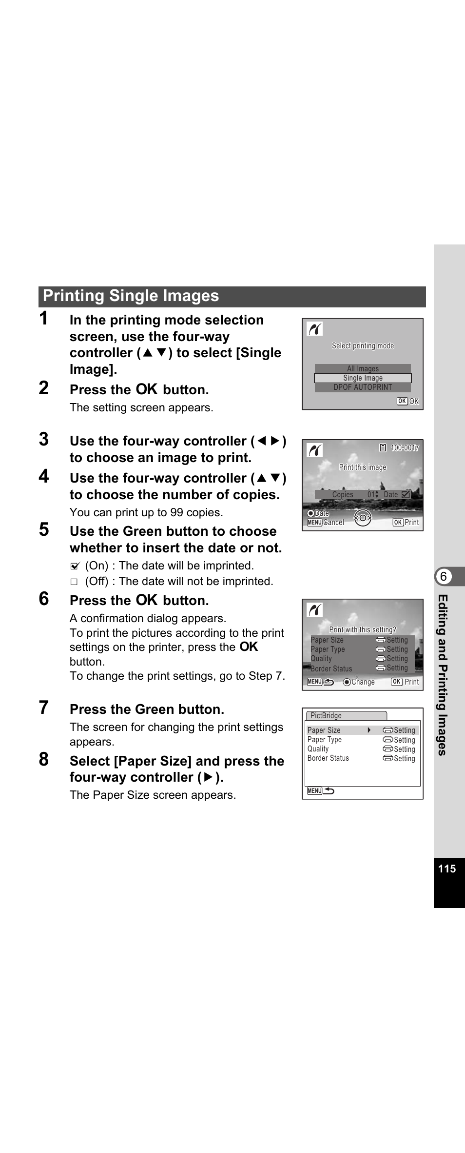 Printing single images, Press the 4 button, Press the green button | 6edi tin g an d pri n ti ng ima g es | Pentax Optio E30 User Manual | Page 117 / 161