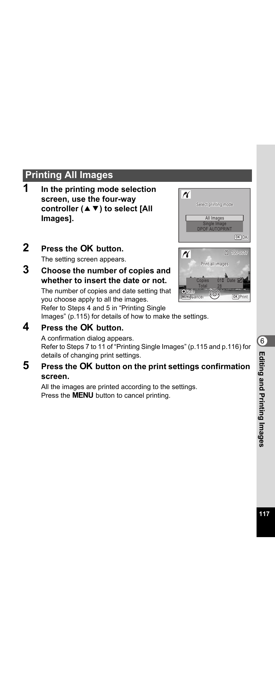 Printing all images, Press the 4 button, 6edi tin g an d pri n ti ng ima g es | Pentax Optio E30 User Manual | Page 119 / 161