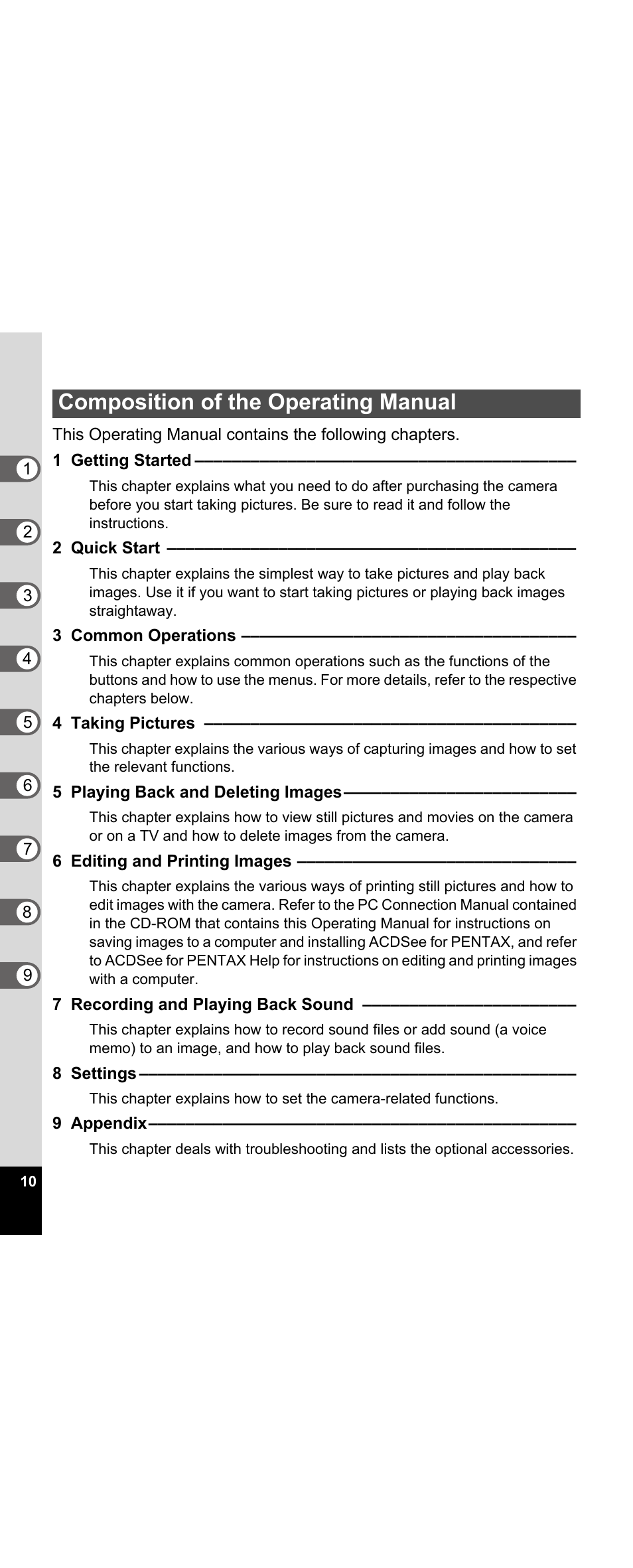 Composition of the operating manual | Pentax Optio E30 User Manual | Page 12 / 161