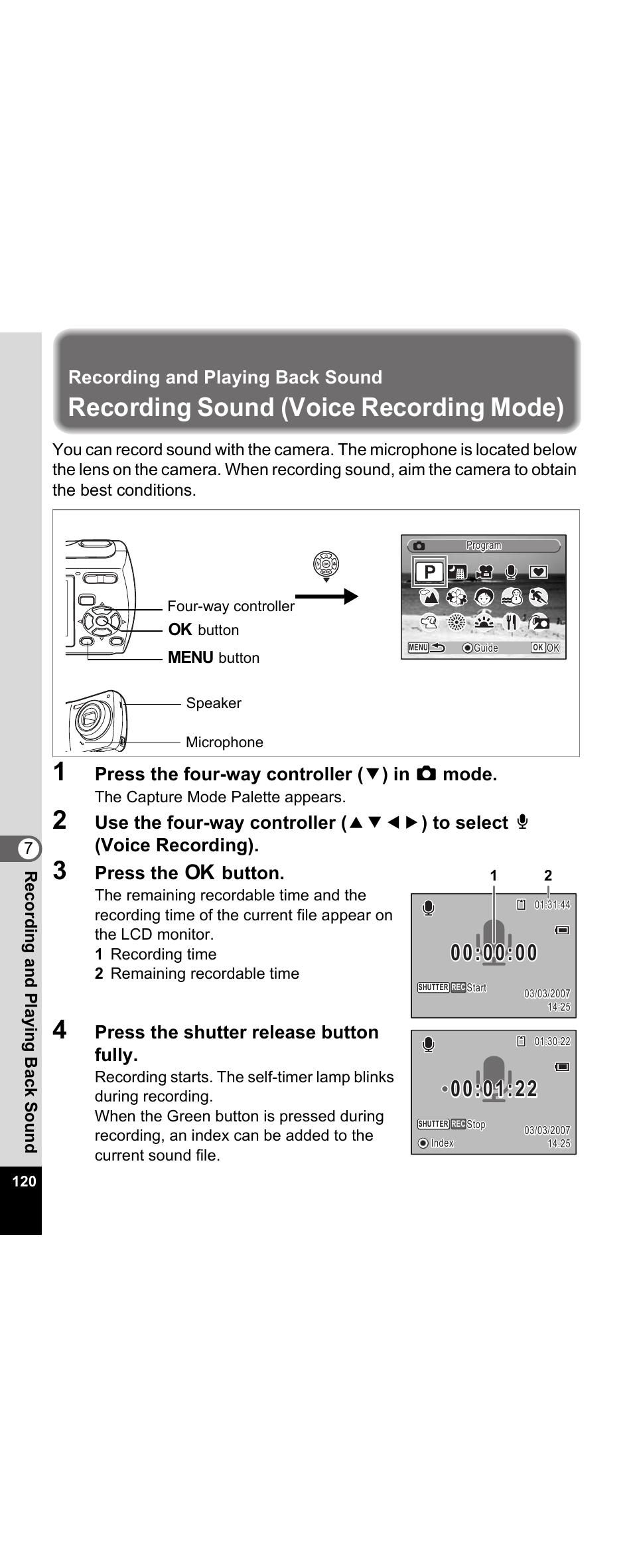 Recording and playing back sound, Recording sound (voice recording mode), P.120) | Press the four-way controller ( 3 ) in a mode, Press the 4 button, Press the shutter release button fully | Pentax Optio E30 User Manual | Page 122 / 161