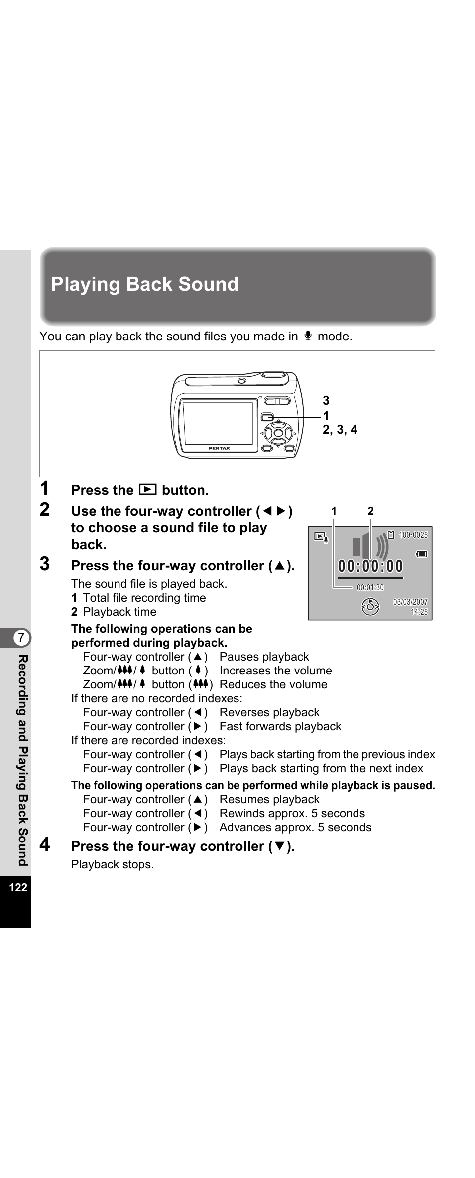 Playing back sound, P.122), K. (p.122) | Pentax Optio E30 User Manual | Page 124 / 161