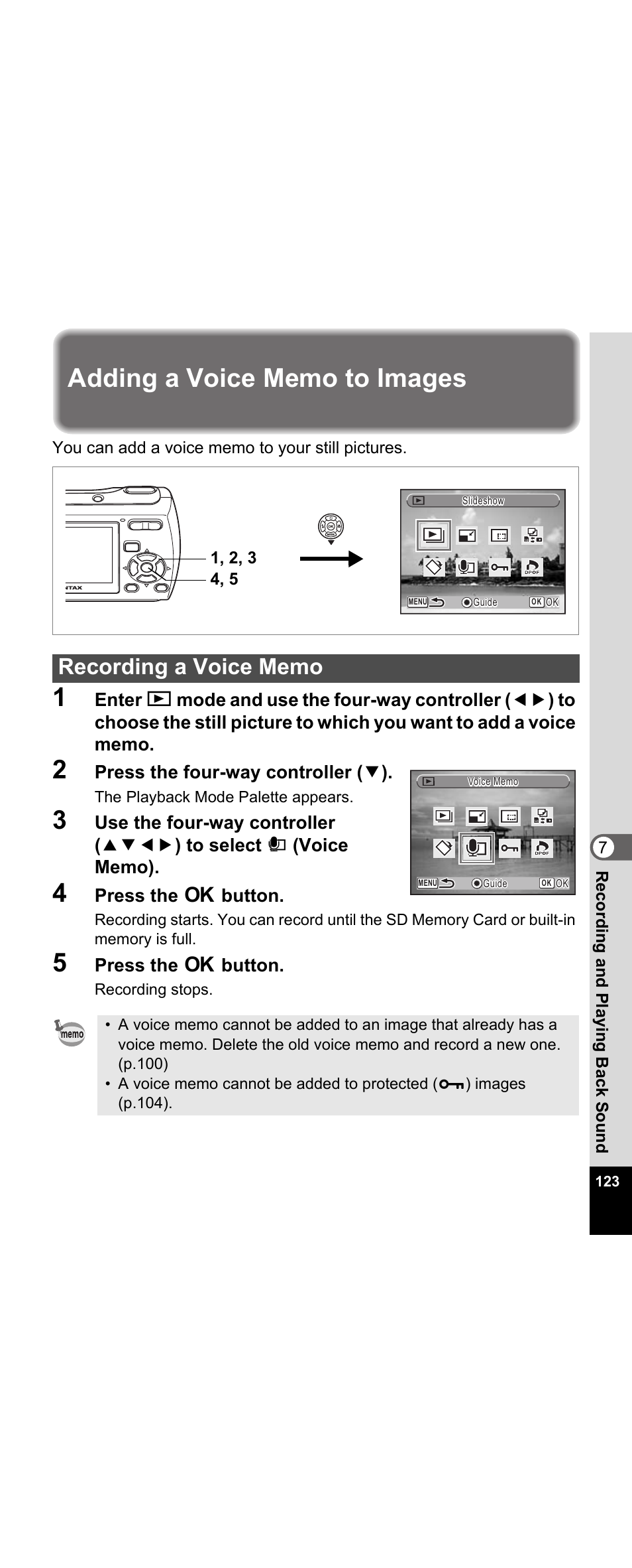 Adding a voice memo to images, Recording a voice memo, P.123 | Press the four-way controller ( 3 ), Press the 4 button | Pentax Optio E30 User Manual | Page 125 / 161