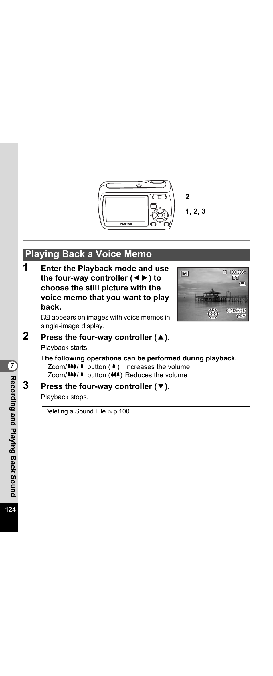 Playing back a voice memo, On (p.124) | Pentax Optio E30 User Manual | Page 126 / 161