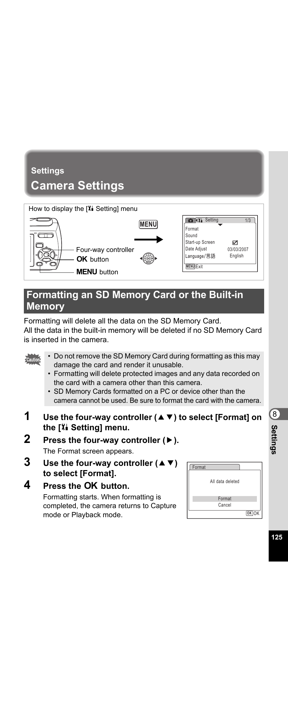 Settings, Camera settings, P.125 | Press the four-way controller ( 5 ), Press the 4 button | Pentax Optio E30 User Manual | Page 127 / 161