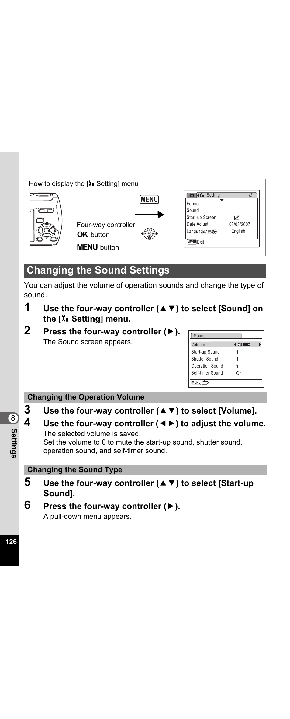 Changing the sound settings, P.126 | Pentax Optio E30 User Manual | Page 128 / 161