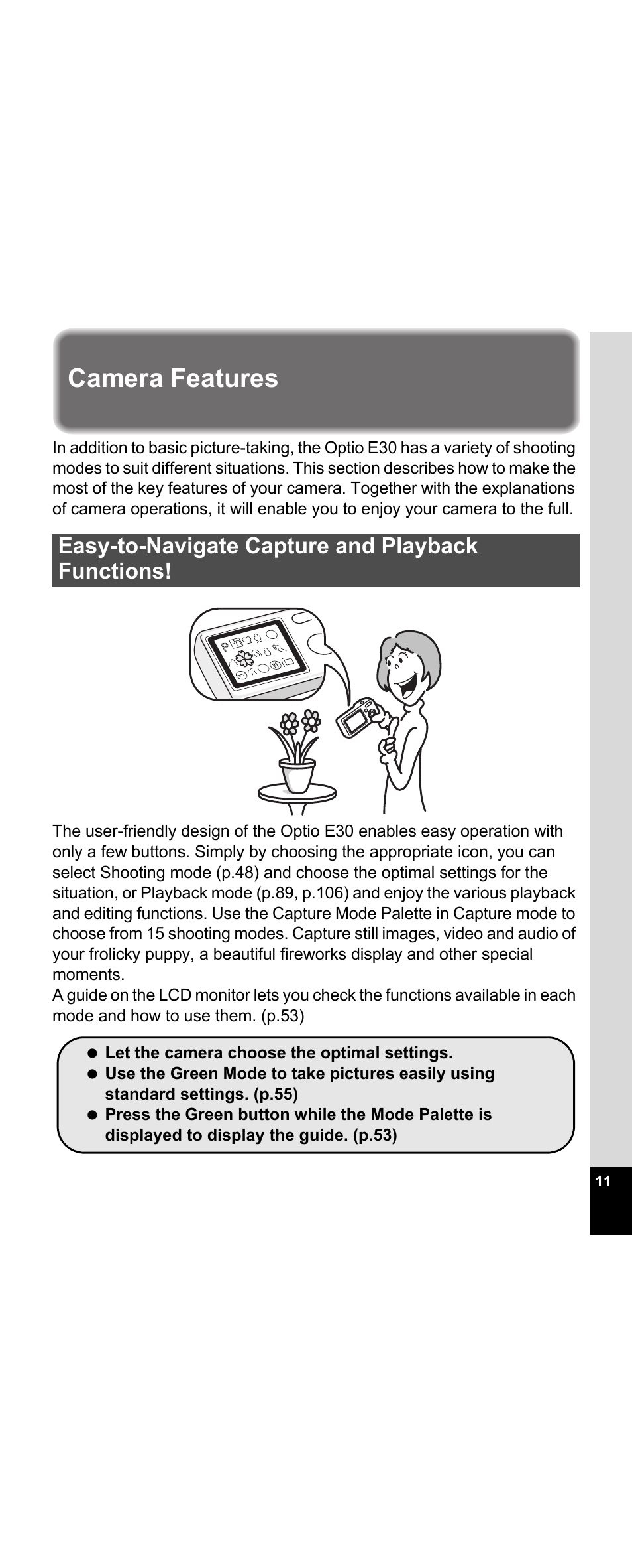 Camera features, Easy-to-navigate capture and playback functions | Pentax Optio E30 User Manual | Page 13 / 161