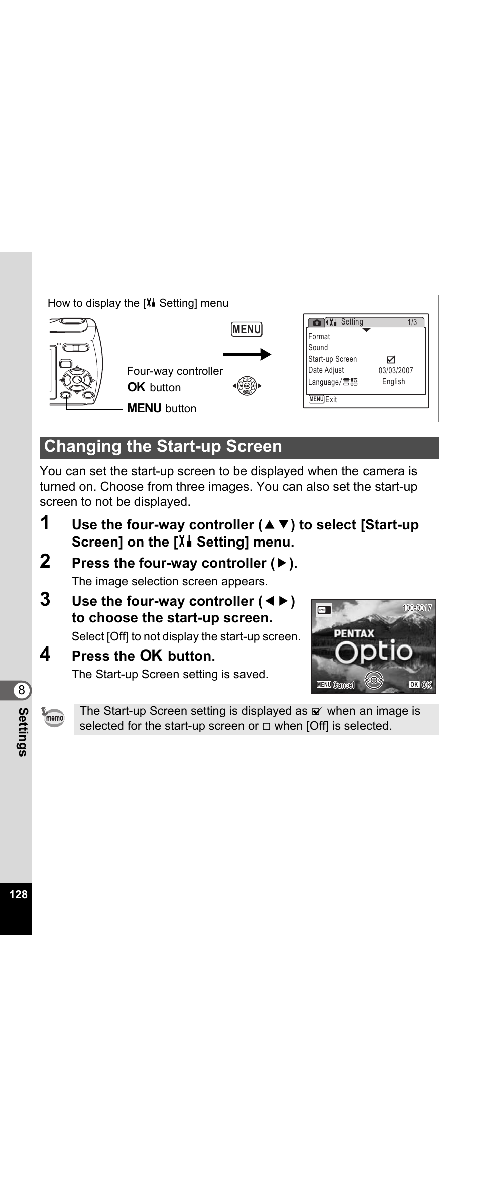 Changing the start-up screen, P.128, Press the four-way controller ( 5 ) | Press the 4 button | Pentax Optio E30 User Manual | Page 130 / 161