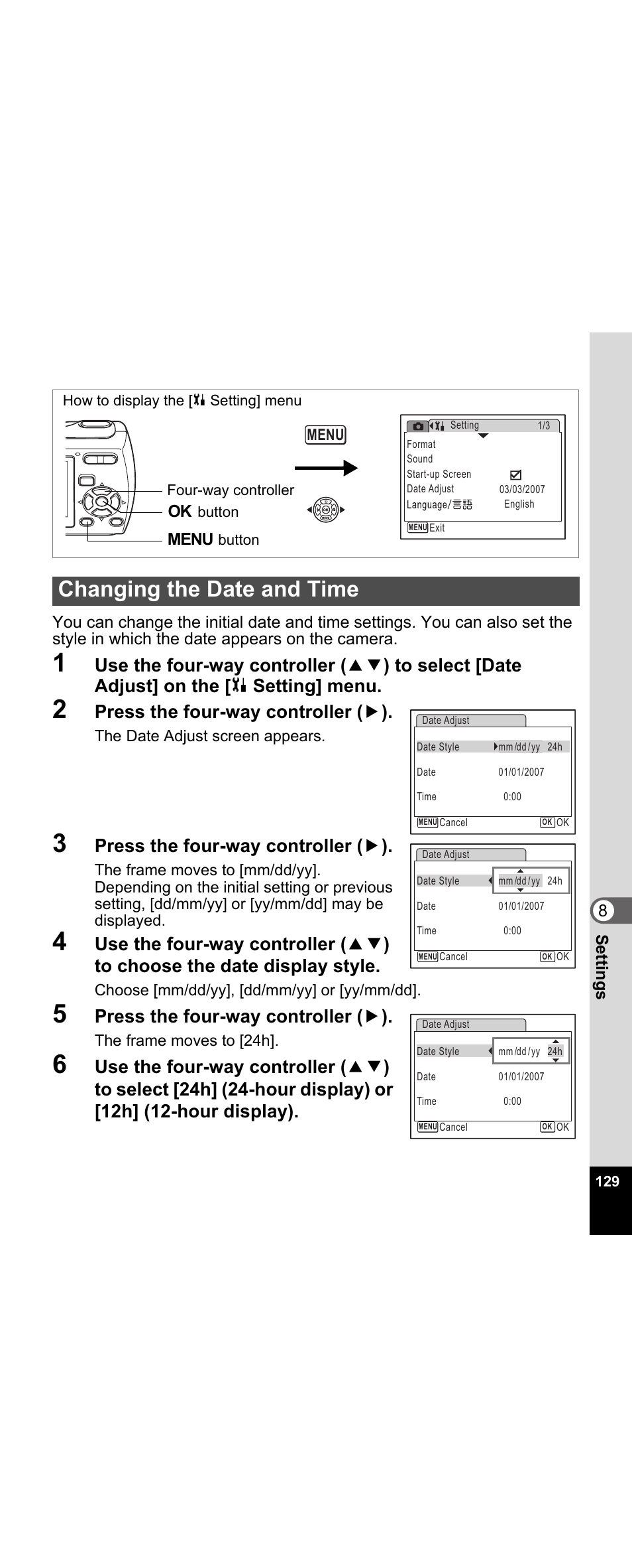 Changing the date and time, S in “changing the date, And time | P.129), P.129, Press the four-way controller ( 5 ) | Pentax Optio E30 User Manual | Page 131 / 161