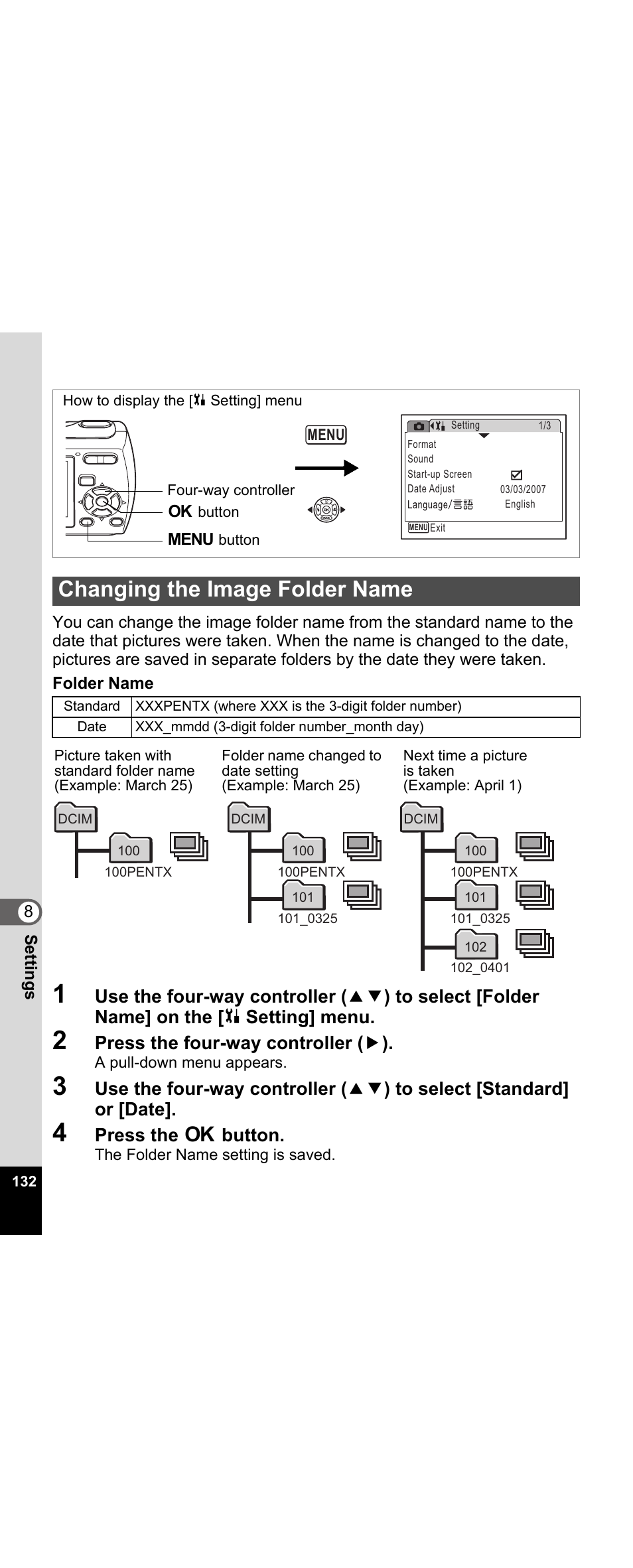 Changing the image folder name, P.132, Press the four-way controller ( 5 ) | Press the 4 button | Pentax Optio E30 User Manual | Page 134 / 161