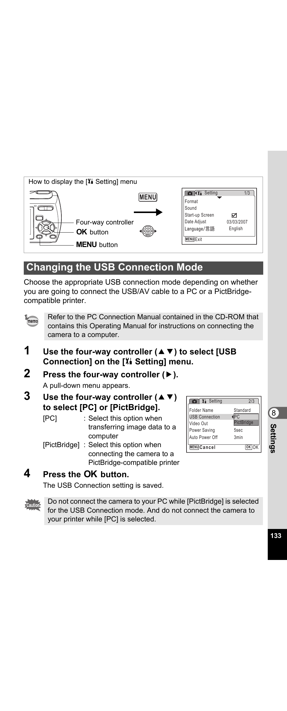 Changing the usb connection mode, P.133, Press the four-way controller ( 5 ) | Press the 4 button | Pentax Optio E30 User Manual | Page 135 / 161