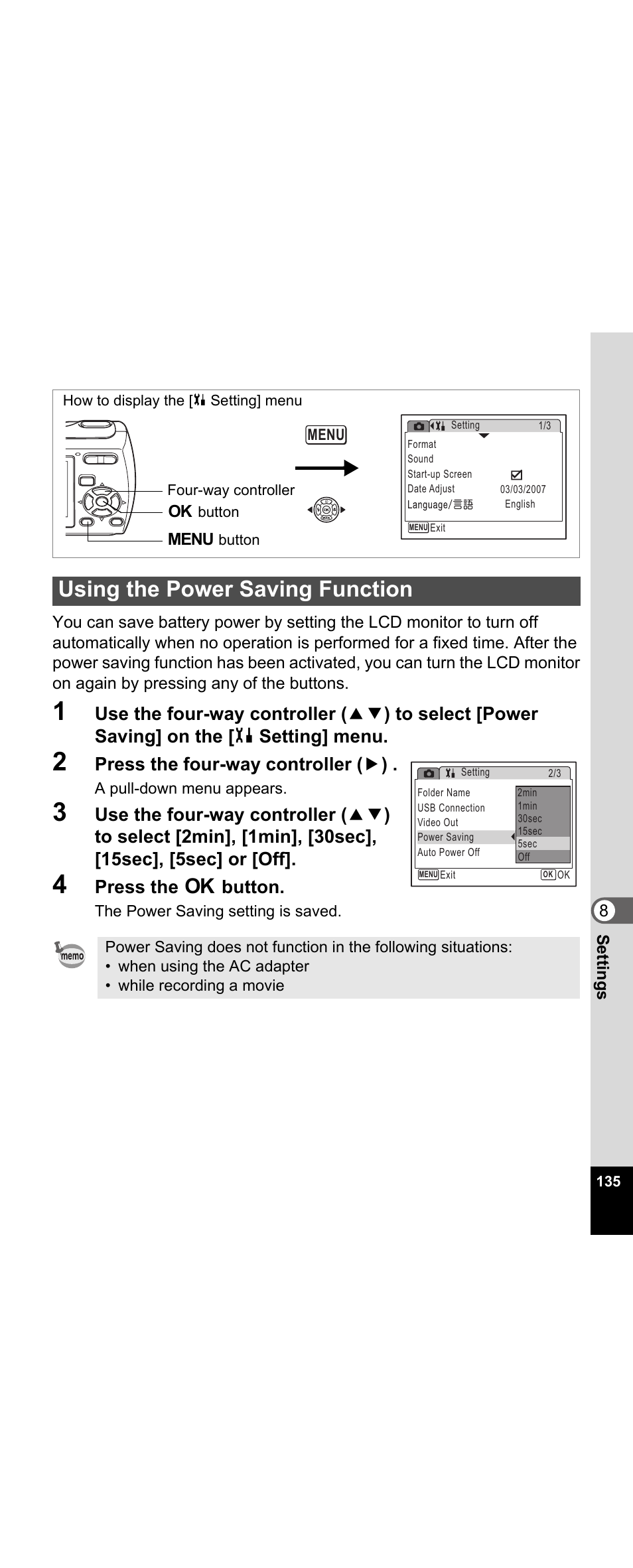 Using the power saving function, P.135, Press the four-way controller ( 5 ) | Press the 4 button | Pentax Optio E30 User Manual | Page 137 / 161