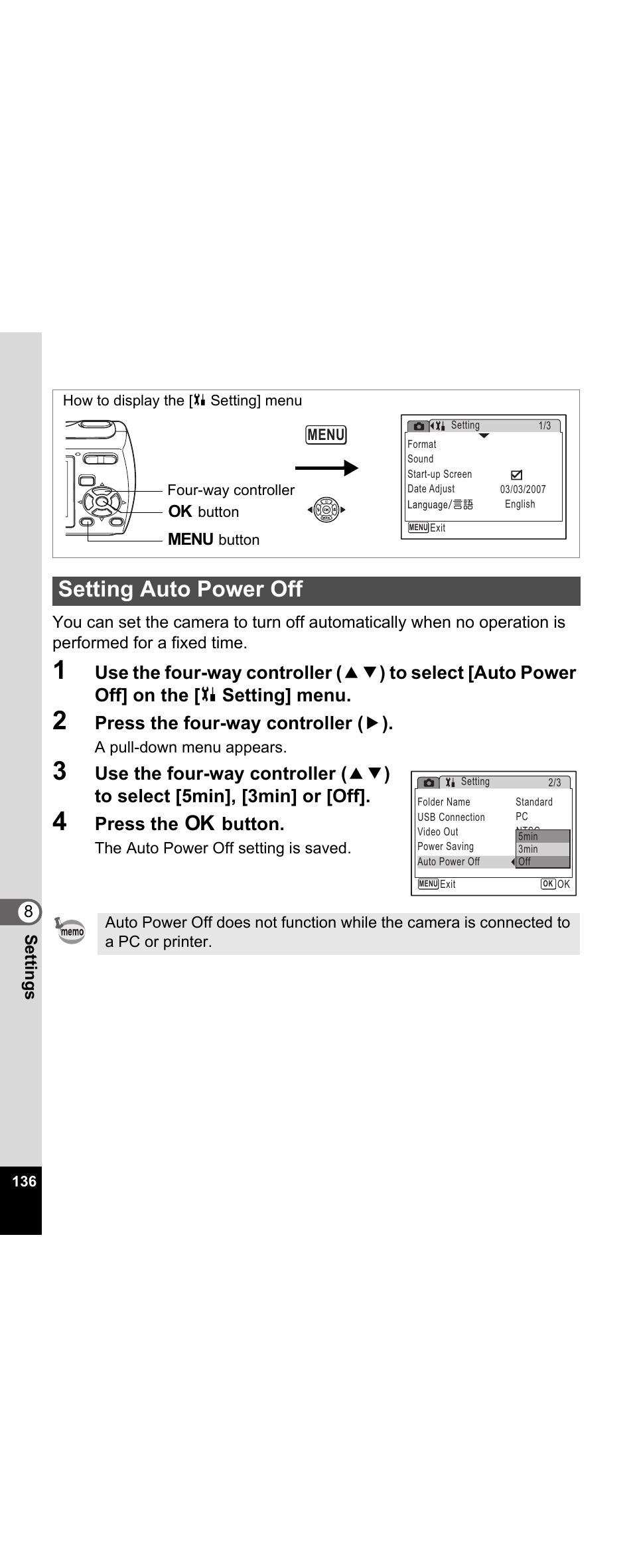 Setting auto power off, P.136, Press the four-way controller ( 5 ) | Press the 4 button | Pentax Optio E30 User Manual | Page 138 / 161