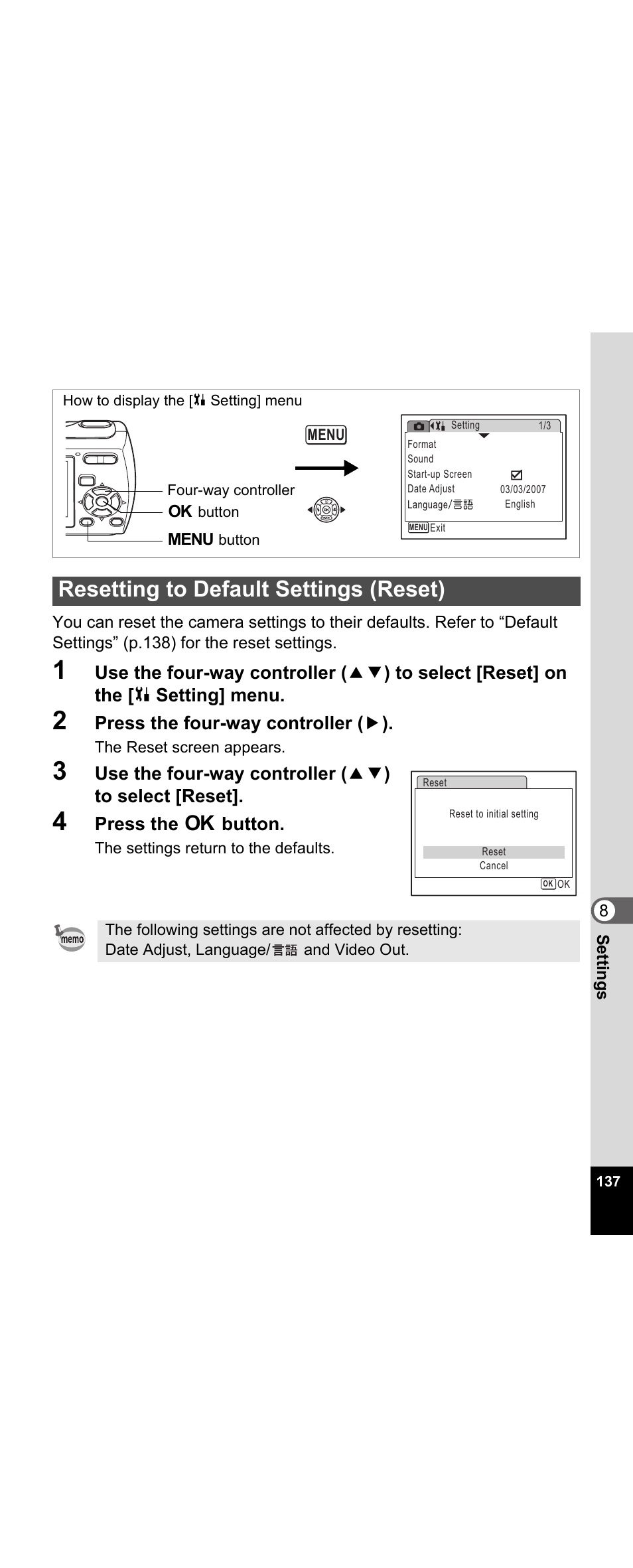 Resetting to default settings (reset), P.137, Press the four-way controller ( 5 ) | Press the 4 button | Pentax Optio E30 User Manual | Page 139 / 161