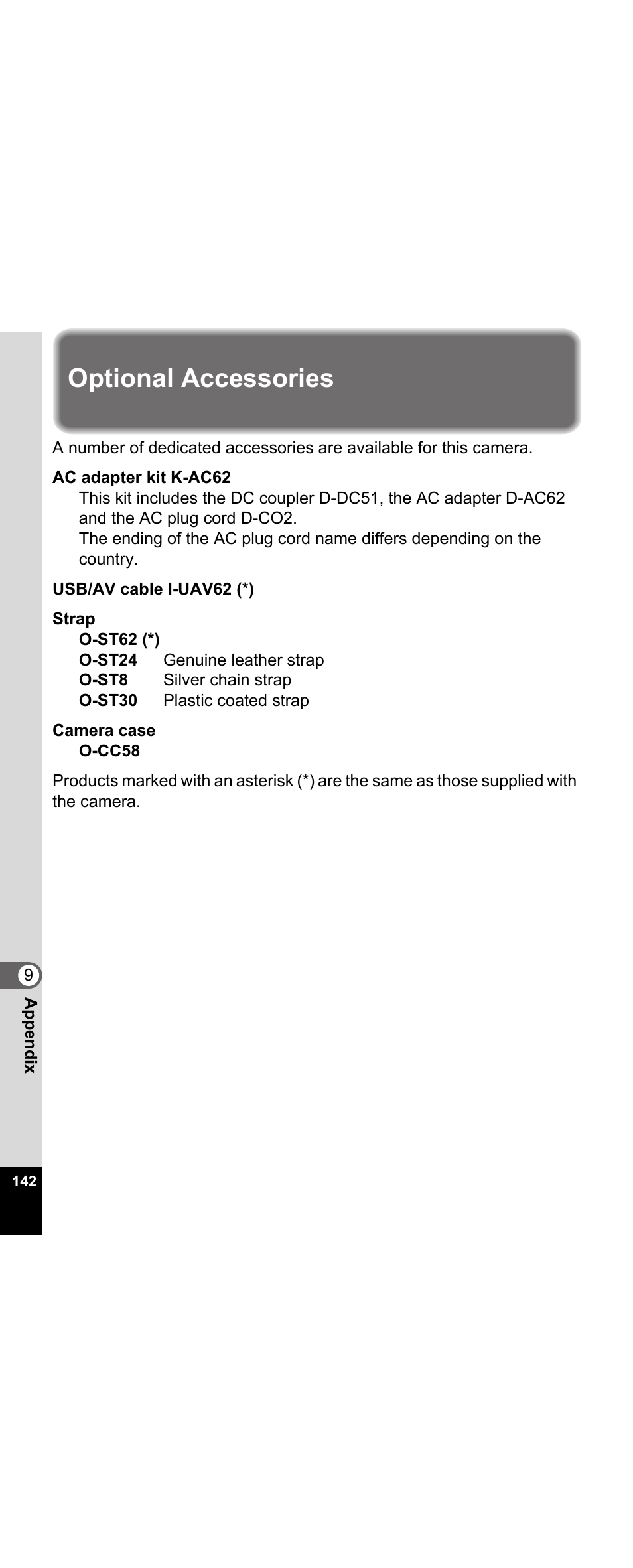 Optional accessories | Pentax Optio E30 User Manual | Page 144 / 161