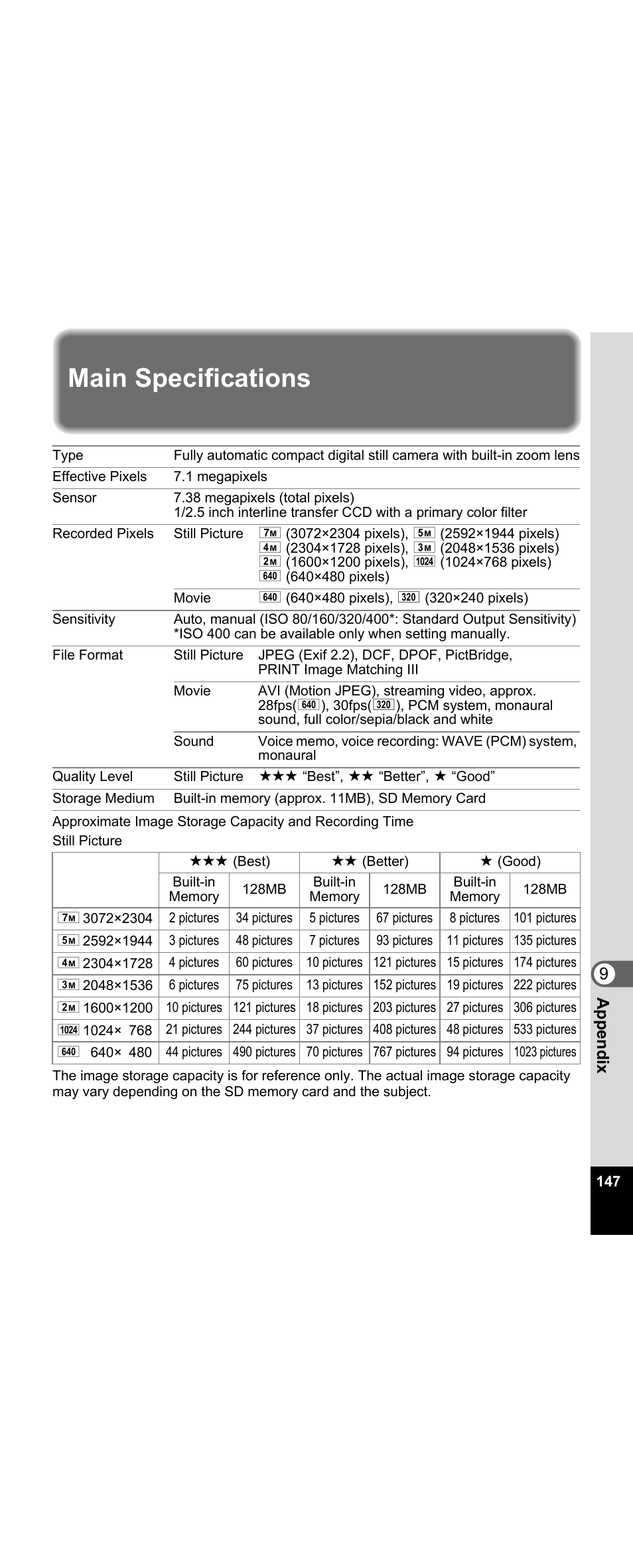 Main specifications | Pentax Optio E30 User Manual | Page 149 / 161