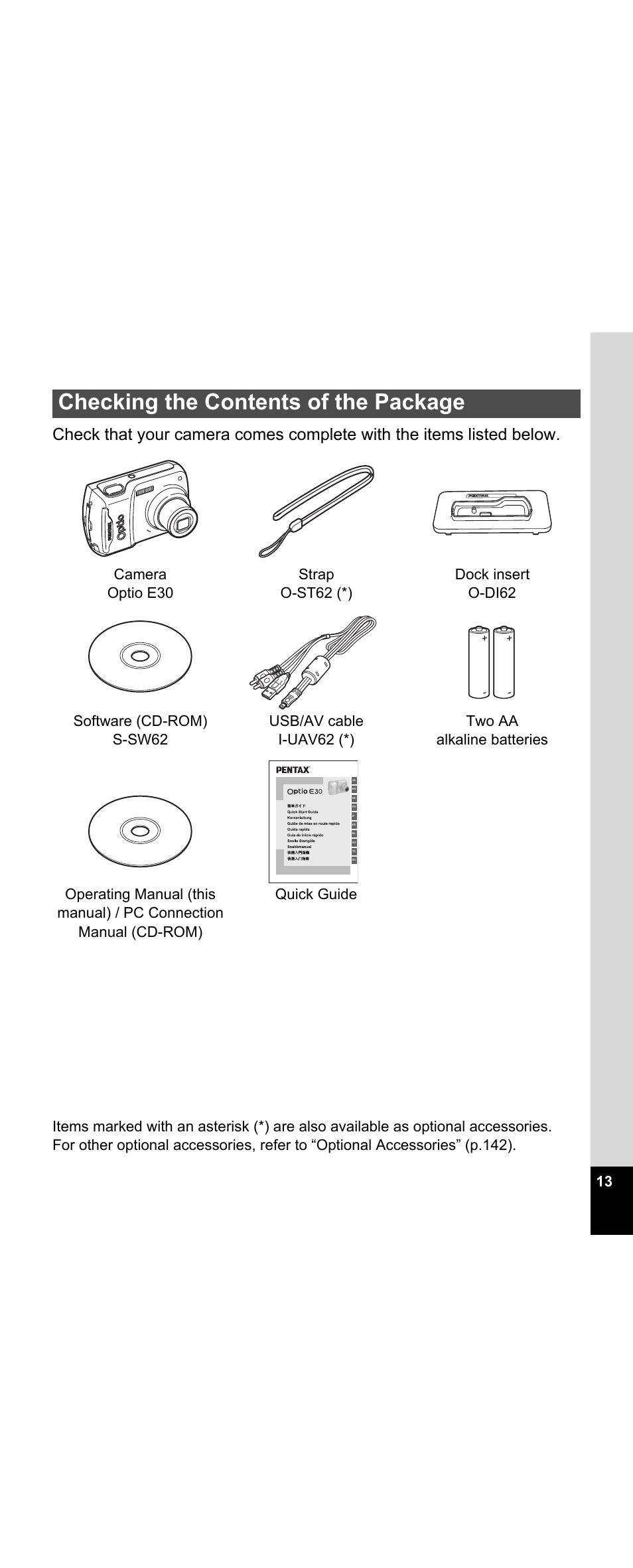 Checking the contents of the package | Pentax Optio E30 User Manual | Page 15 / 161